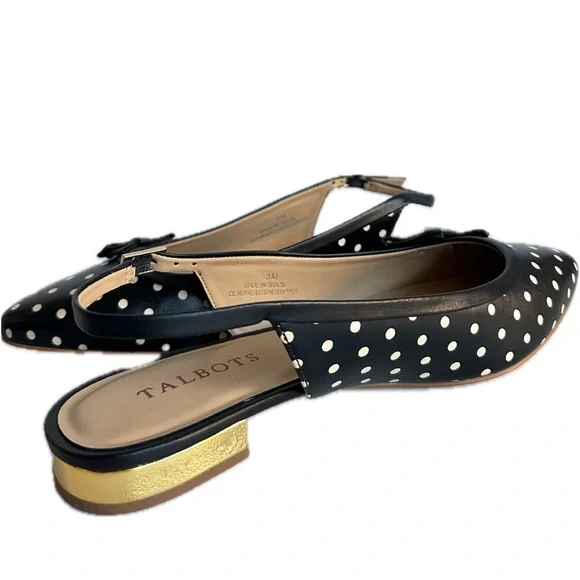 Talbots Edison Slingback Flats Polka Dot Print Gold Mirrored Low Heel Size 8M - Picture 4 of 12